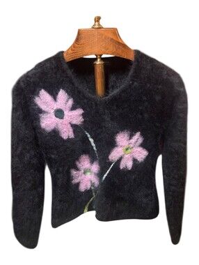 Vintage Venesha Angora Blend Black Floral Cropped Sweater Size Small